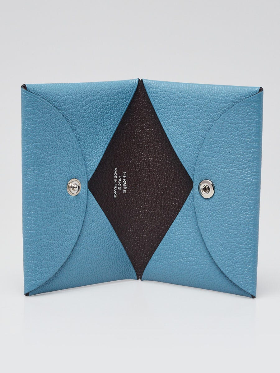 Hermes New Bleu Jean/Havane Chevre Mysore Leather Calvi Card Case