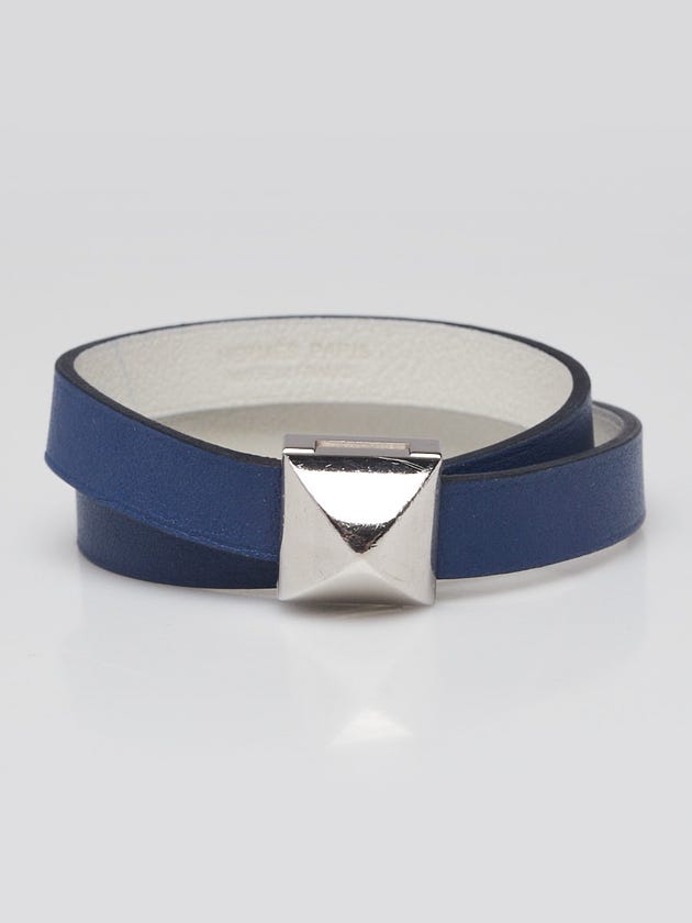 Hermes Bleu Brighton/White Swift Leather Palladium Plated Medor Infini Double Tour Bracelet Size T3