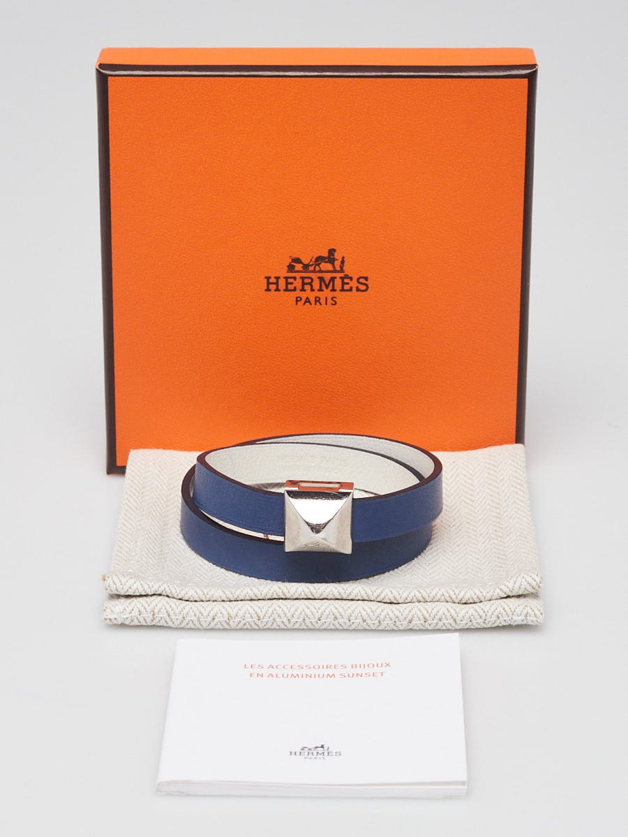 Hermes Bleu Brighton/White Swift Leather Palladium Plated Medor Infini Double Tour Bracelet Size T3