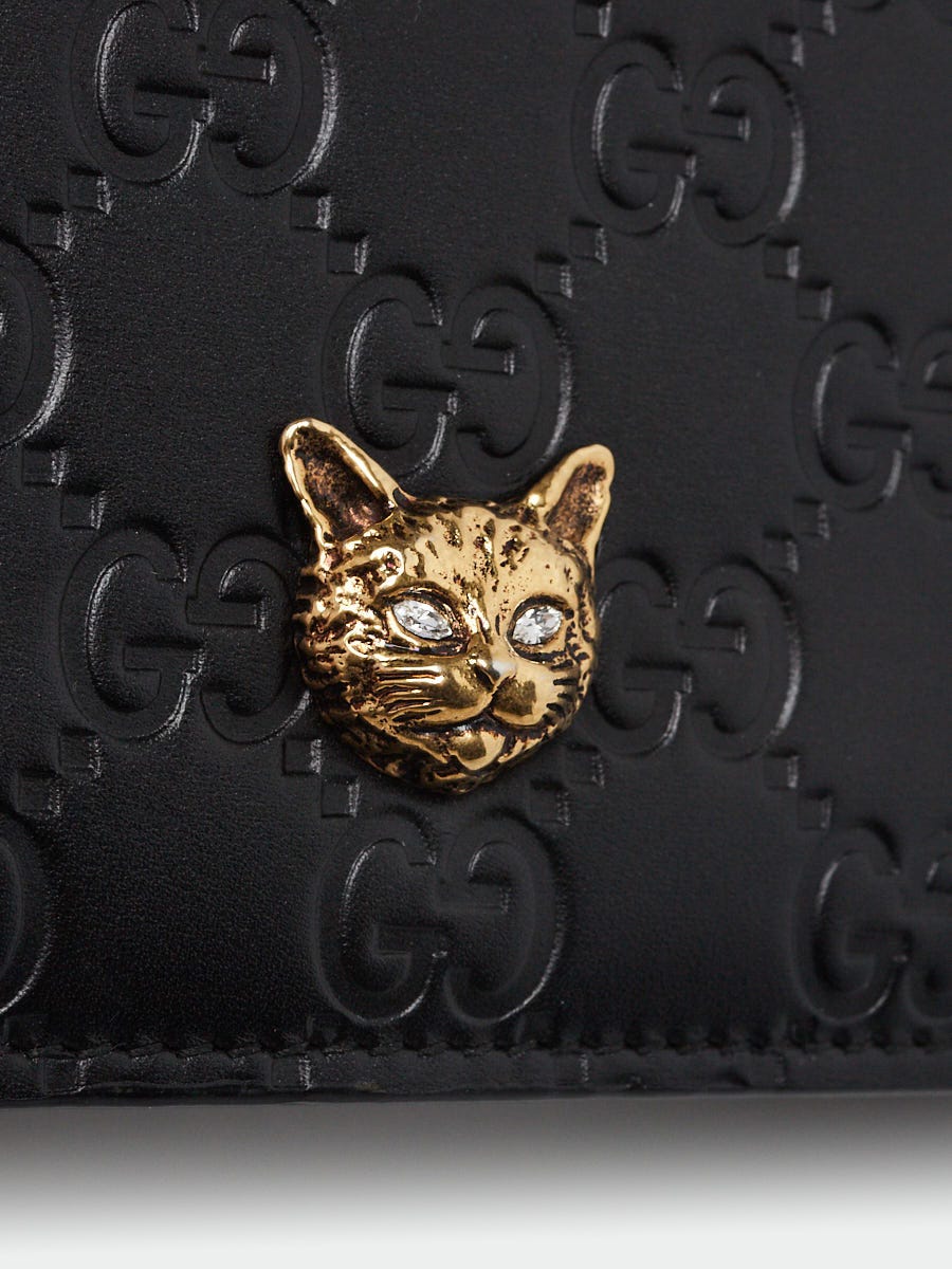 Gucci Black Guccissima Leather Crystal Cat Wallet On Chain Bag