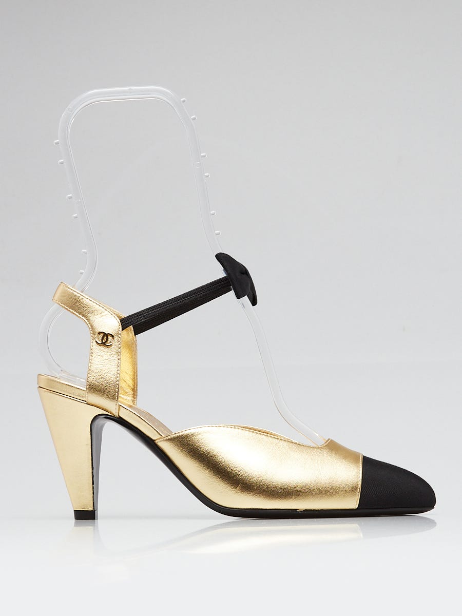 Chanel Gold/Black Lambskin Leather Bow Ankle Wrap Heels Size