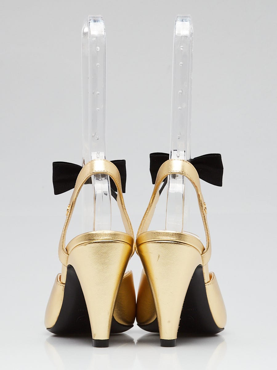Chanel Gold/Black Lambskin Leather Bow Ankle Wrap Heels Size