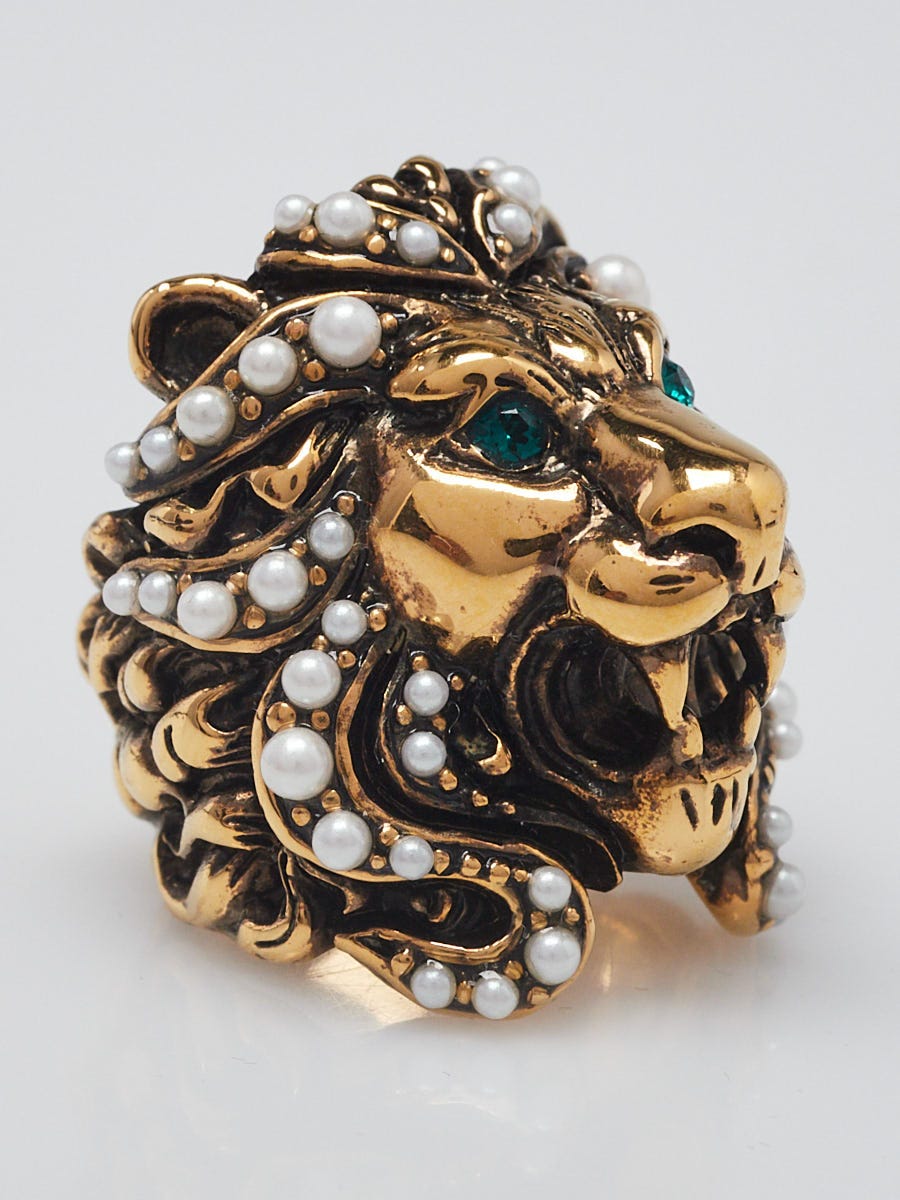 Gucci Goldtone Metal Faux Pearl Lion Head Ring Size 6.5