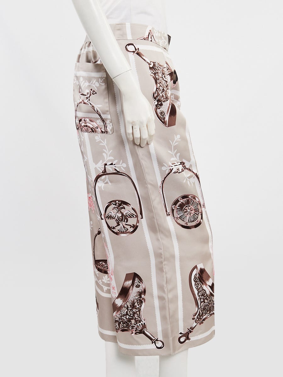 Hermes Beige Silk Etriers Cropped Wide Leg Pants Size 8/40