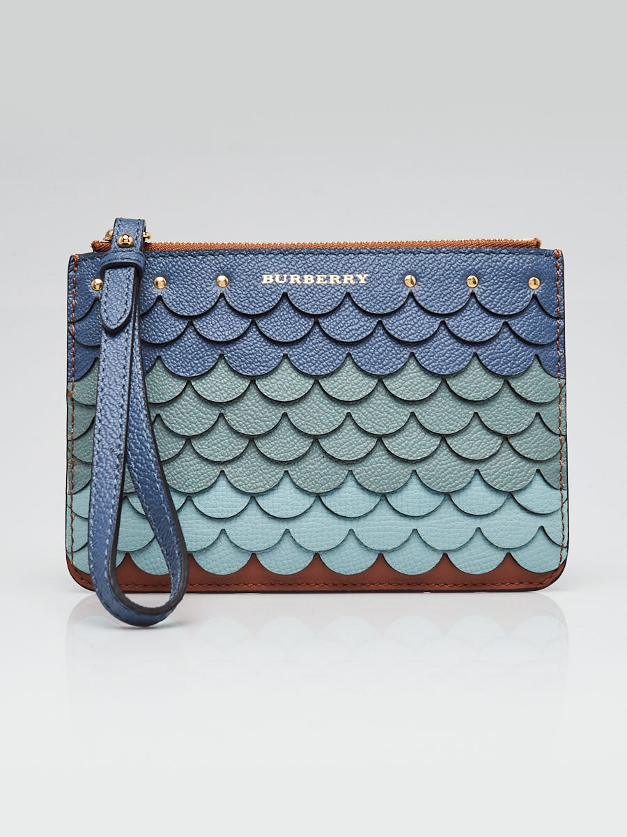 Burberry Blue Brown Scallop Leather Scale Wristlet Pouch Yoogi s Closet