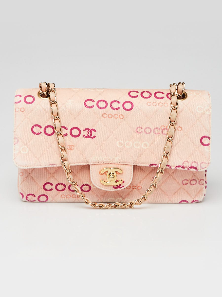 Chanel Pink Quilted Jersey Coco Printed Medium Double Flap Bag