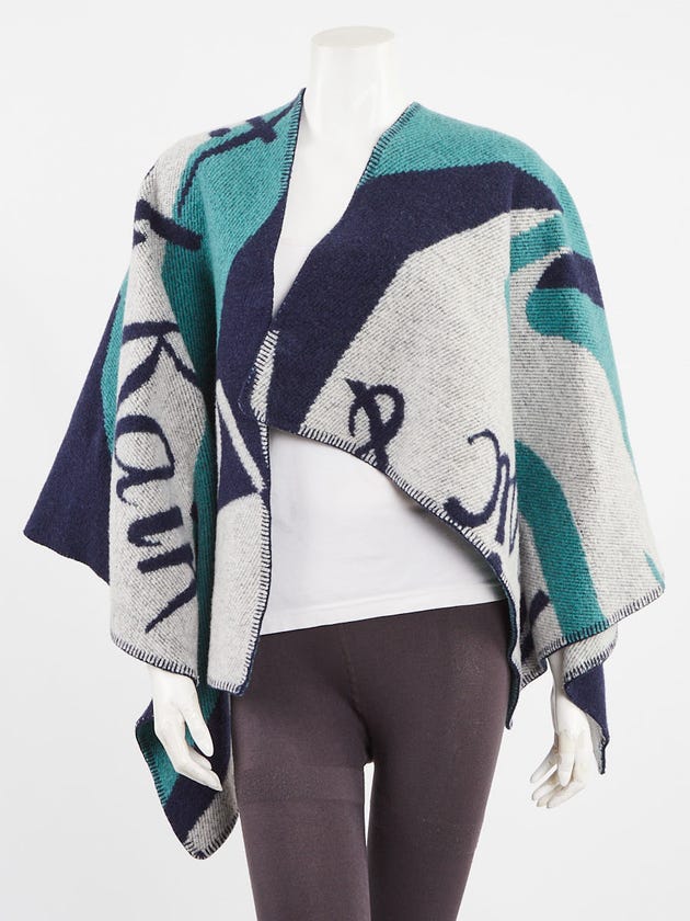Burberry Blue/Green Wool and Cashmere Blend Printed Cape