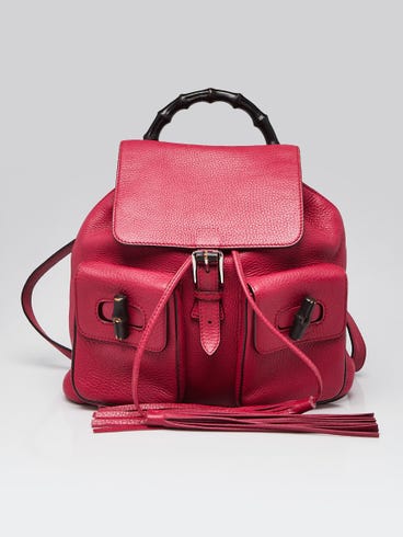 Gucci Dark Pink Pebbled Leather Bamboo Backpack Bag
