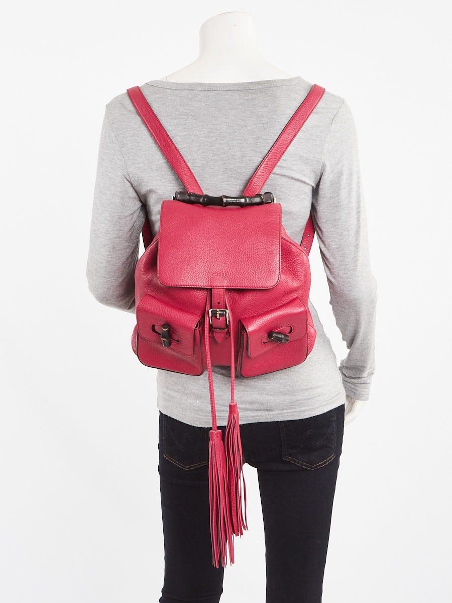 Gucci Dark Pink Pebbled Leather Bamboo Backpack Bag