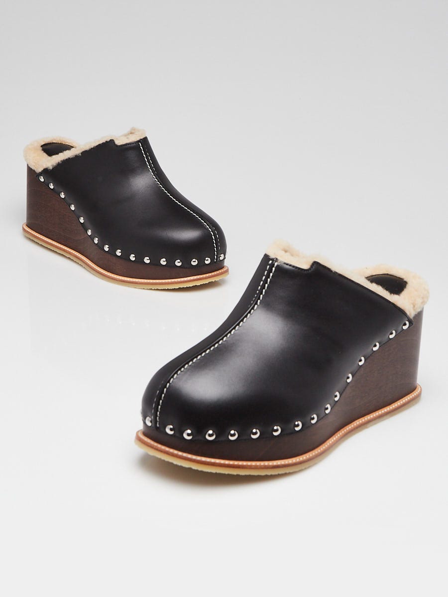 Hermes Black Leather Shearling Earth 50 Mules Size 7.5/38