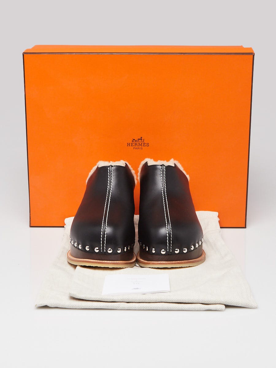 Hermes Black Leather Shearling Earth 50 Mules Size 7.5/38