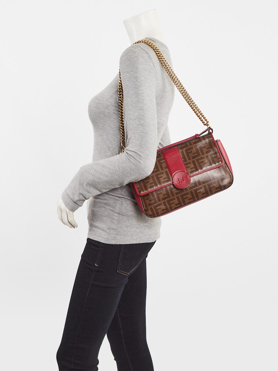 Fendi Red/Brown Coated Canvas and Leather Double F Shoulder Bag