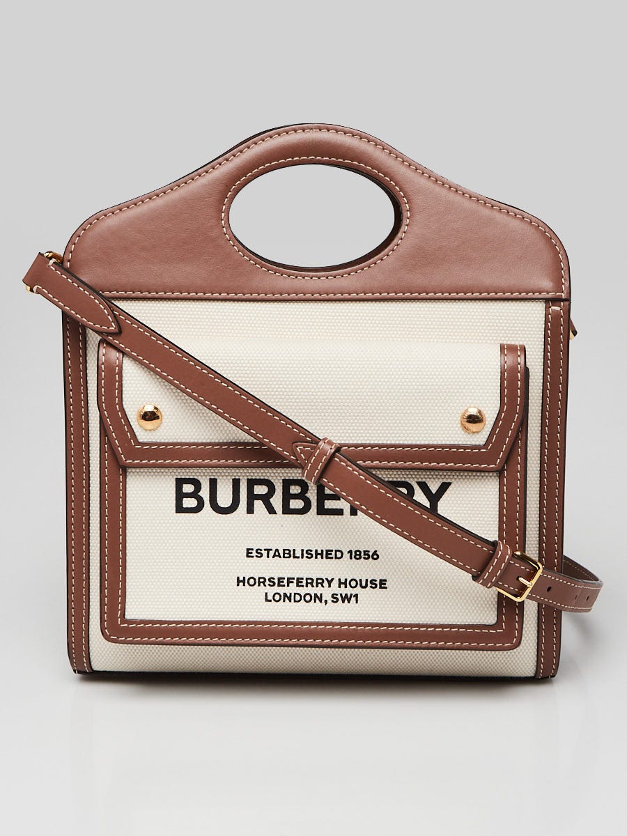 Burberry Brown/White Leather/Canvas Topstitch Pocket Mini Tote Bag