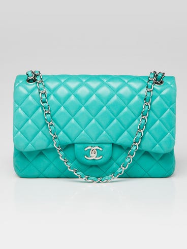 Chanel Green Quilted Lambskin Leather Classic Jumbo Double Flap Bag