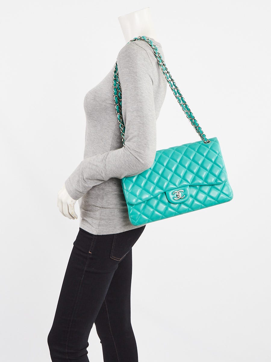 Chanel Green Quilted Lambskin Leather Classic Jumbo Double Flap Bag