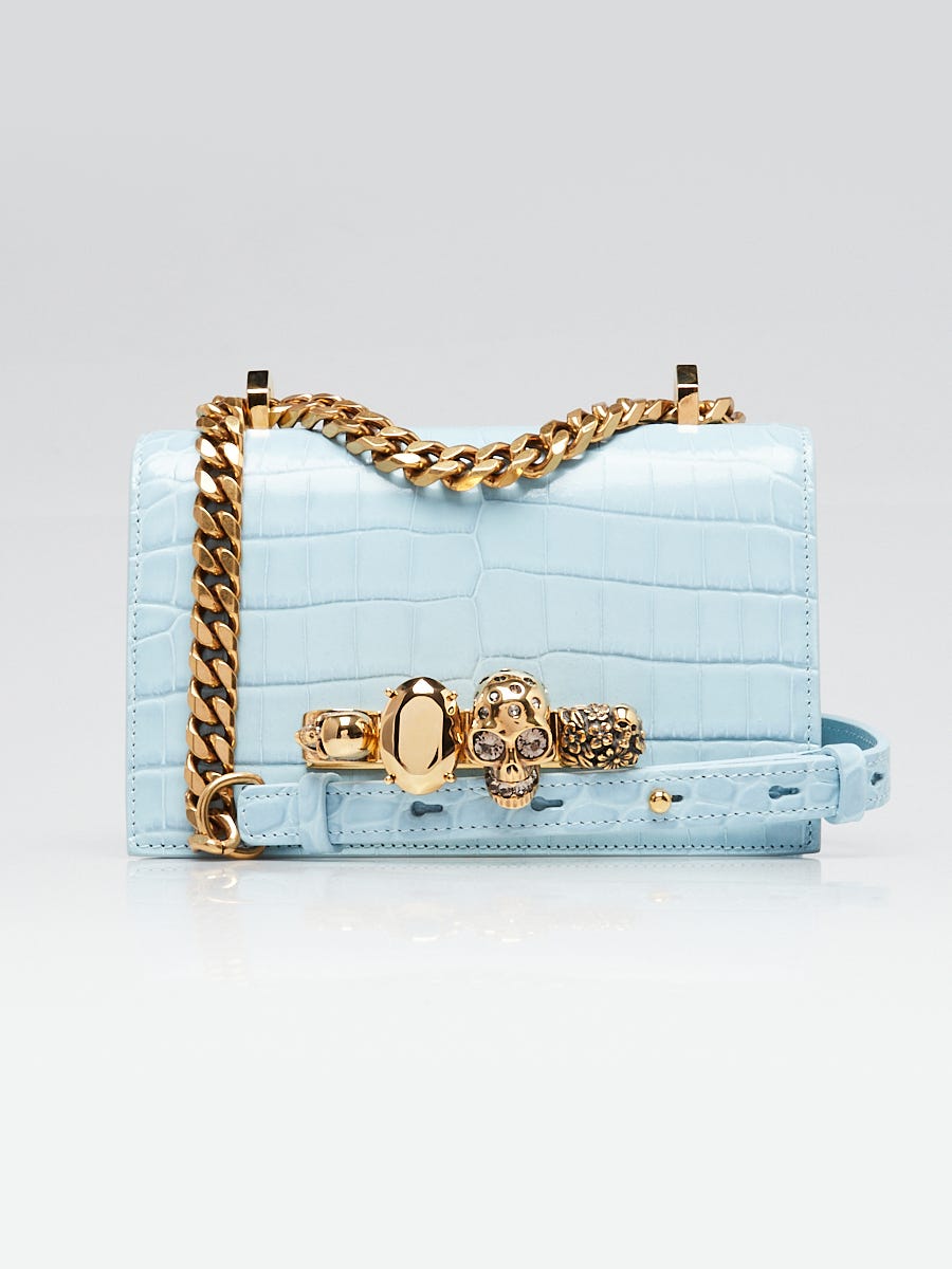 Alexander McQueen Blue Croc Embossed Leather Jeweled Four Ring
