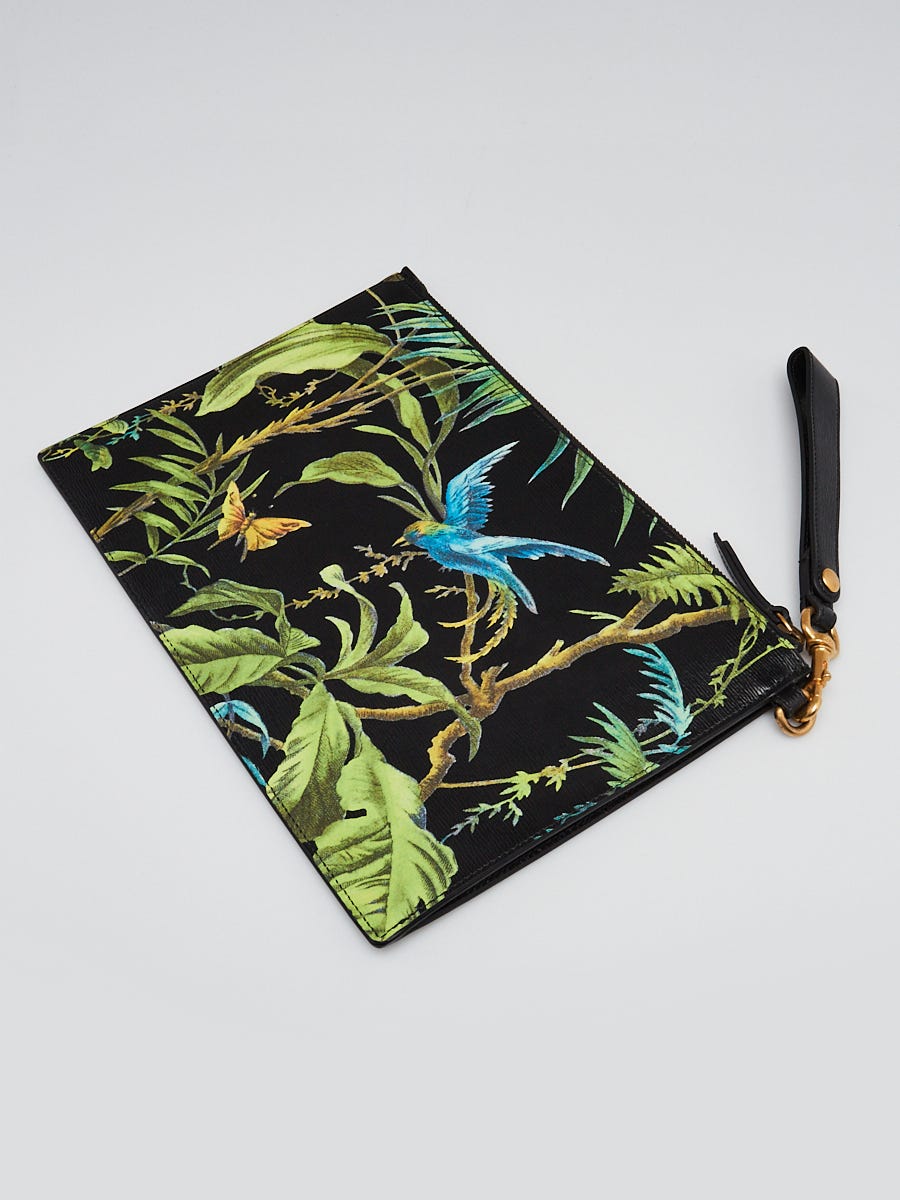 Gucci Black Leather Tropical Print Pouch Clutch Bag  display picture 1