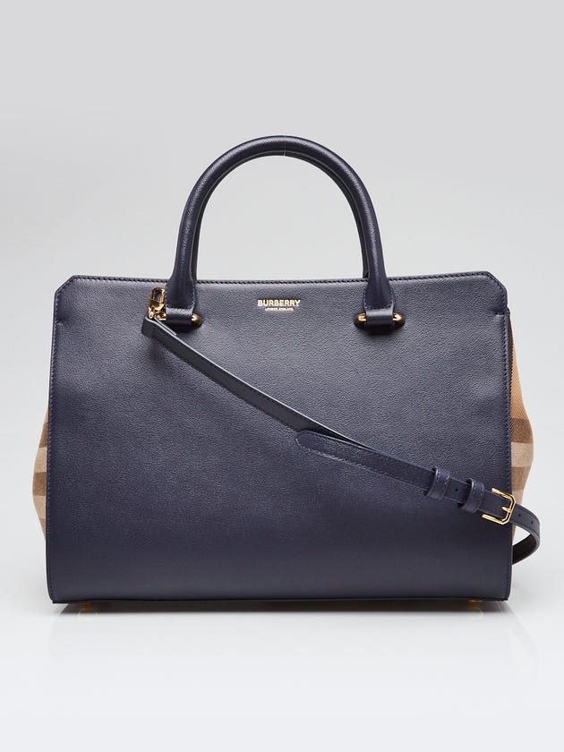 Burberry Dark Canvas Blue Leather Vintage Check Small Banwell Bag