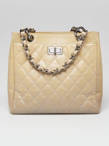 Chanel Beige Quilted Patent Caviar Leather Petite Reissue Shopping Tote Bag
