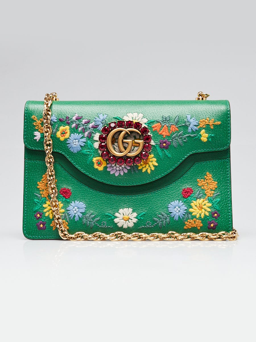 Gucci Green Leather Floral Embroidered Ricami Small Shoulder Bag ...