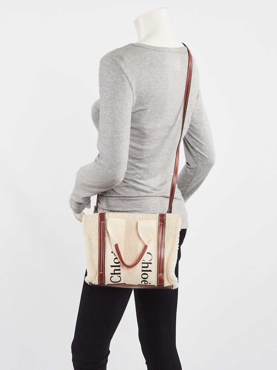 Chloe Beige/Brown Canvas/Leather/Shearling Small Woody Tote Bag