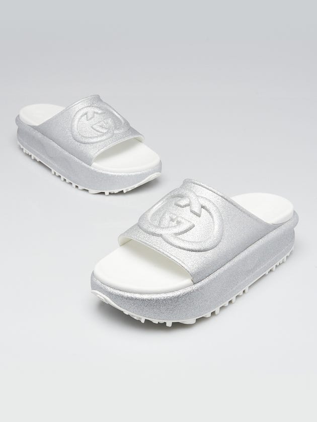 Gucci Silver Glitter Rubber Platform Slide Sandals Size 9.5/40