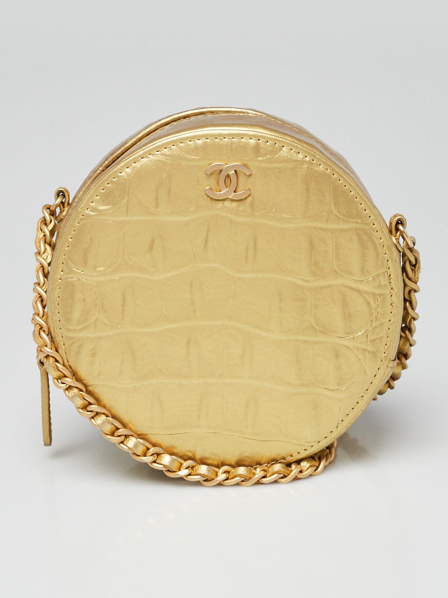 Chanel Gold Croc Embossed Leather Round Clutch with Chain Bag