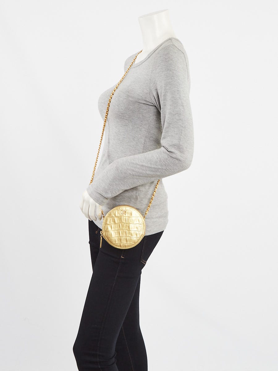 Chanel Gold Croc Embossed Leather Round Clutch with Chain Bag
