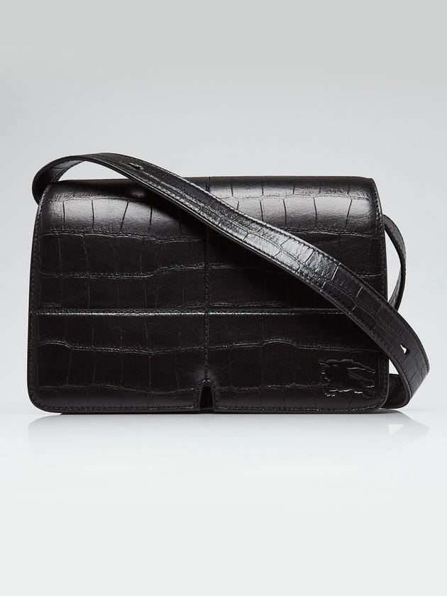 Burberry Black Croc Embossed Snip Flap Shoulder Bag