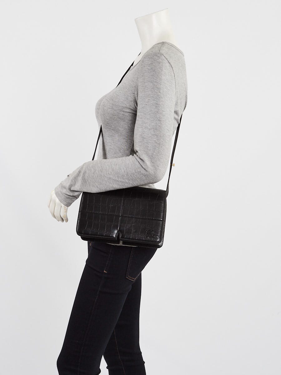 Burberry Black Croc Embossed Snip Flap Shoulder Bag