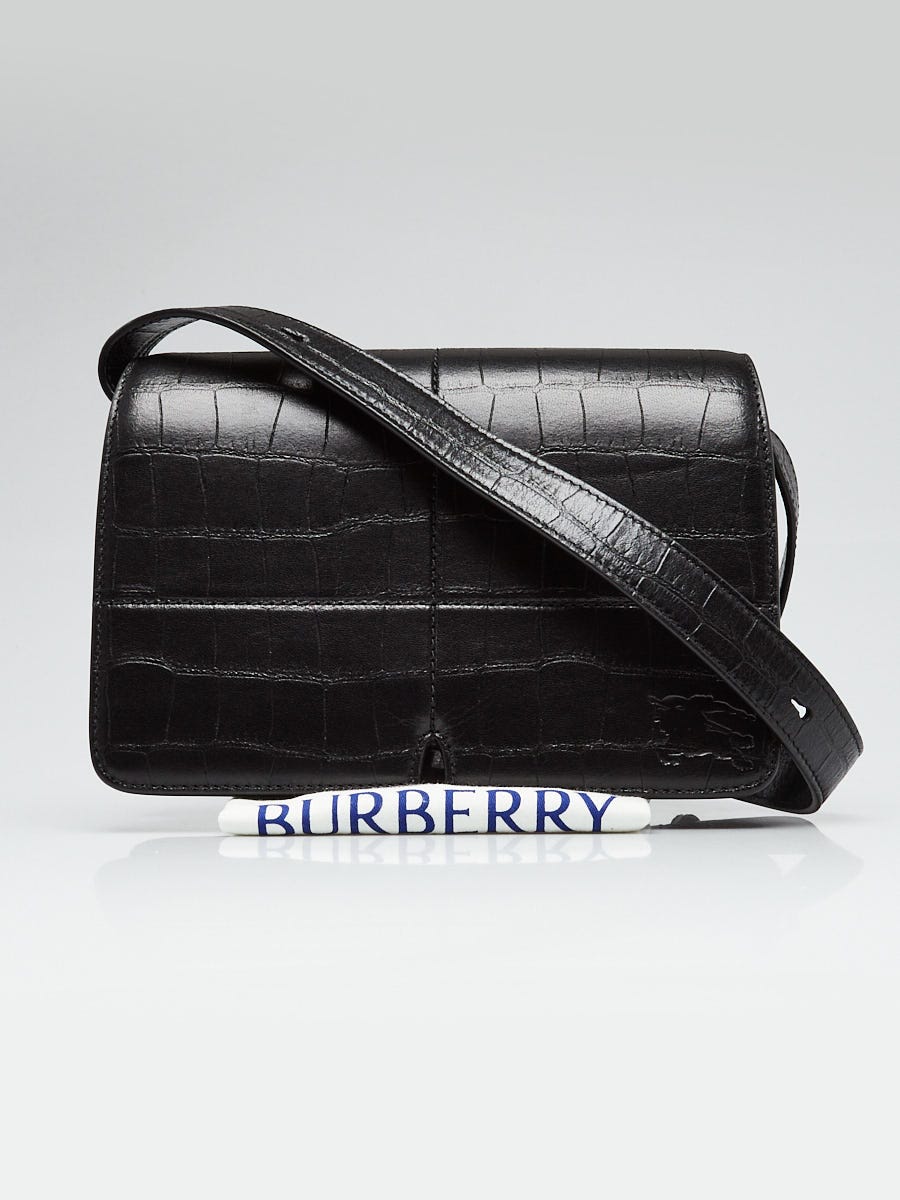 Burberry Black Croc Embossed Snip Flap Shoulder Bag