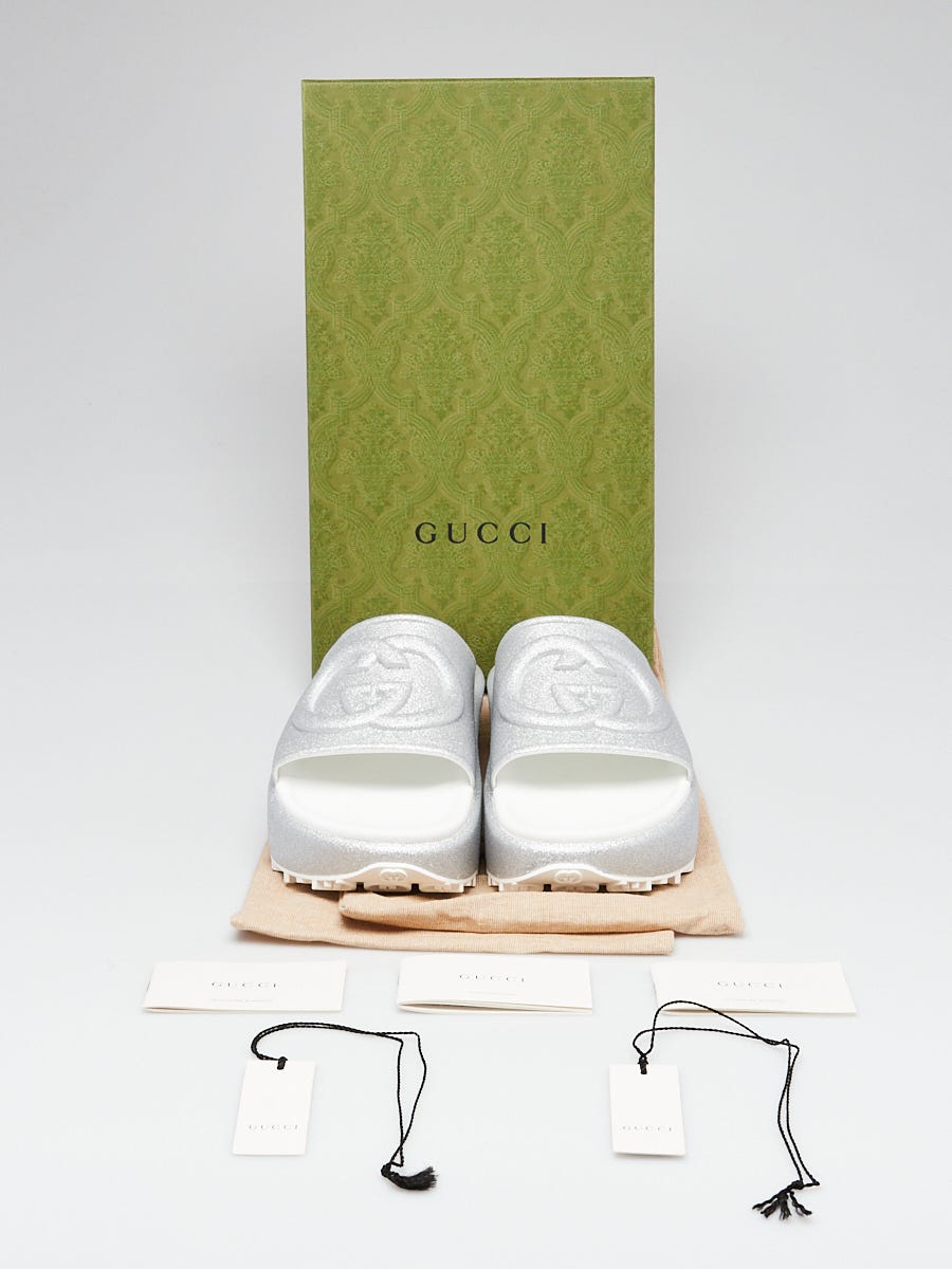 Gucci Silver Glitter Rubber Platform Slide Sandals Size 11.5/42