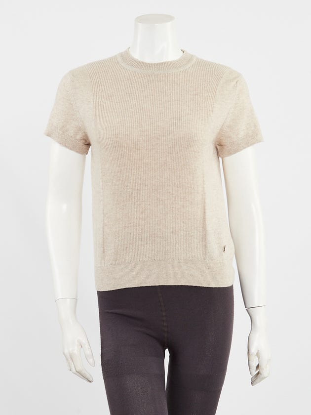 Hermes Beige Naturel Cashmere Short Sleeve Sweater Size 4/38