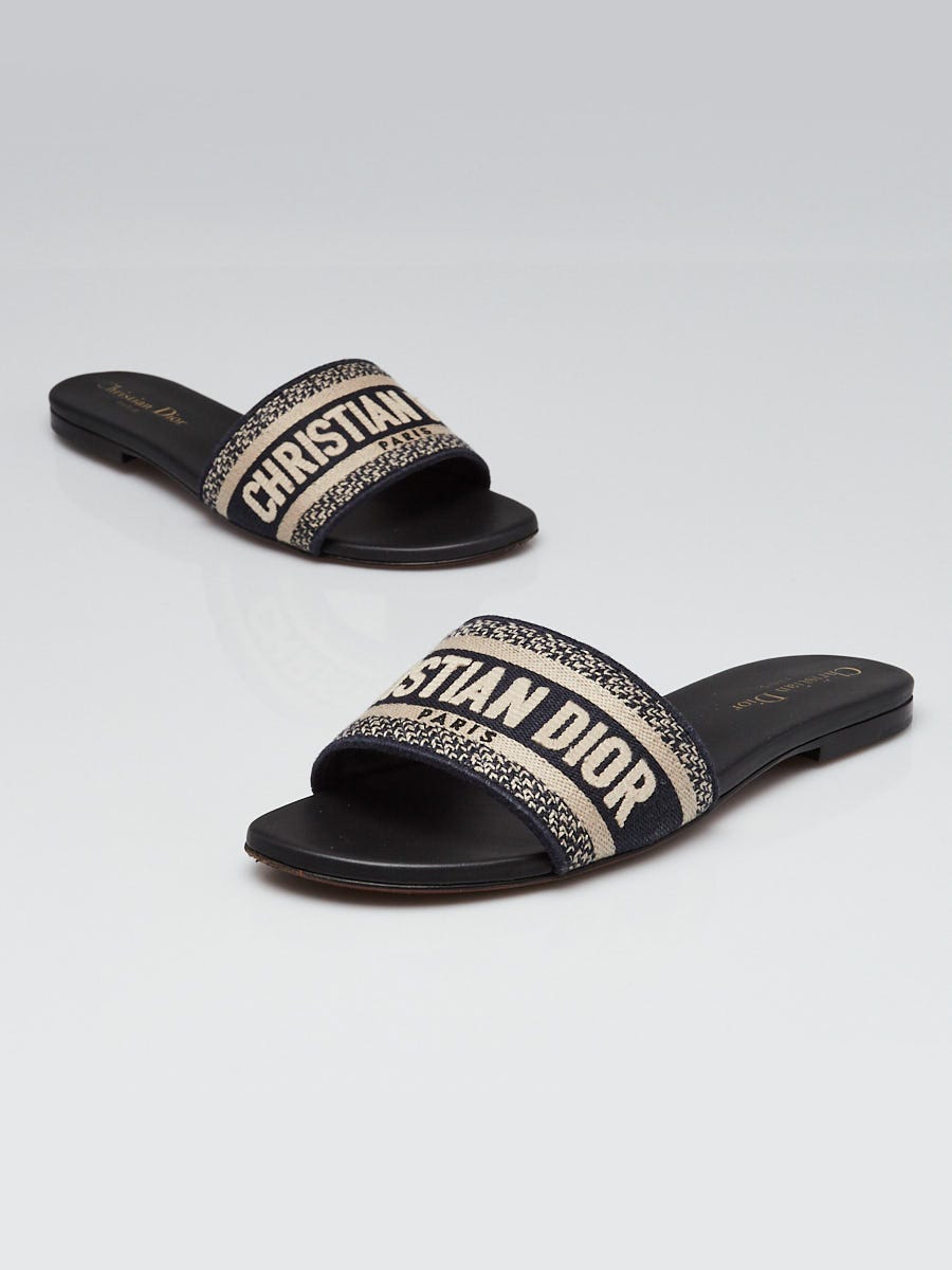 Christian Dior Blue Cotton Embroidered Dway Slides Sandals Size