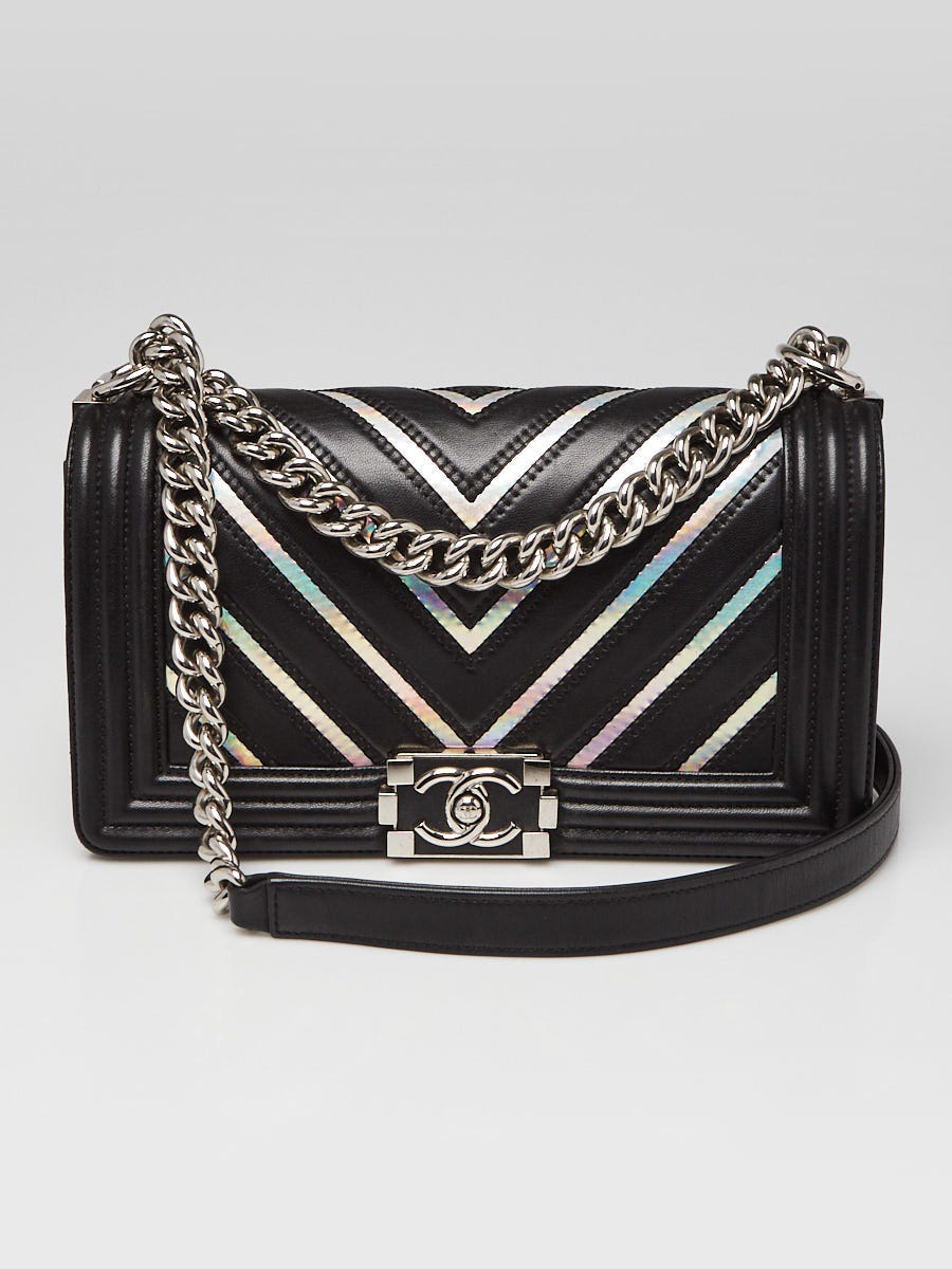 Chanel Black/Silver Lambskin Leather and Iridescent PVC Chevron Quilted Medium Boy Bag