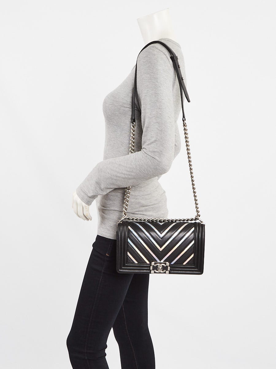 Chanel Black/Silver Lambskin Leather and Iridescent PVC Chevron Quilted Medium Boy Bag