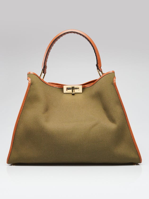 Fendi Green/Brown Canvas Leather Peekaboo X-Lite Large Tote Bag - 8BN304