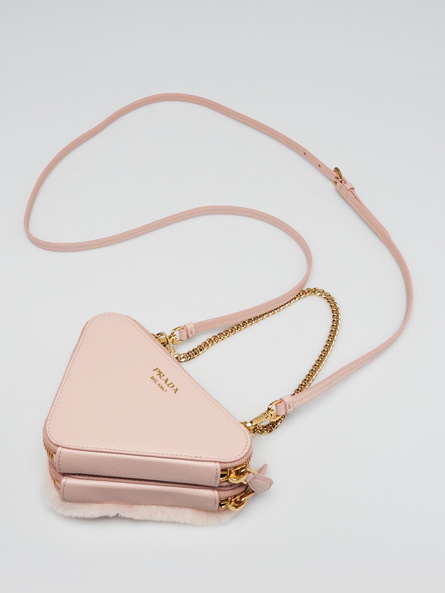 Prada Orchidea Shearling/Saffiano Leather Triangle Mini Pouch
