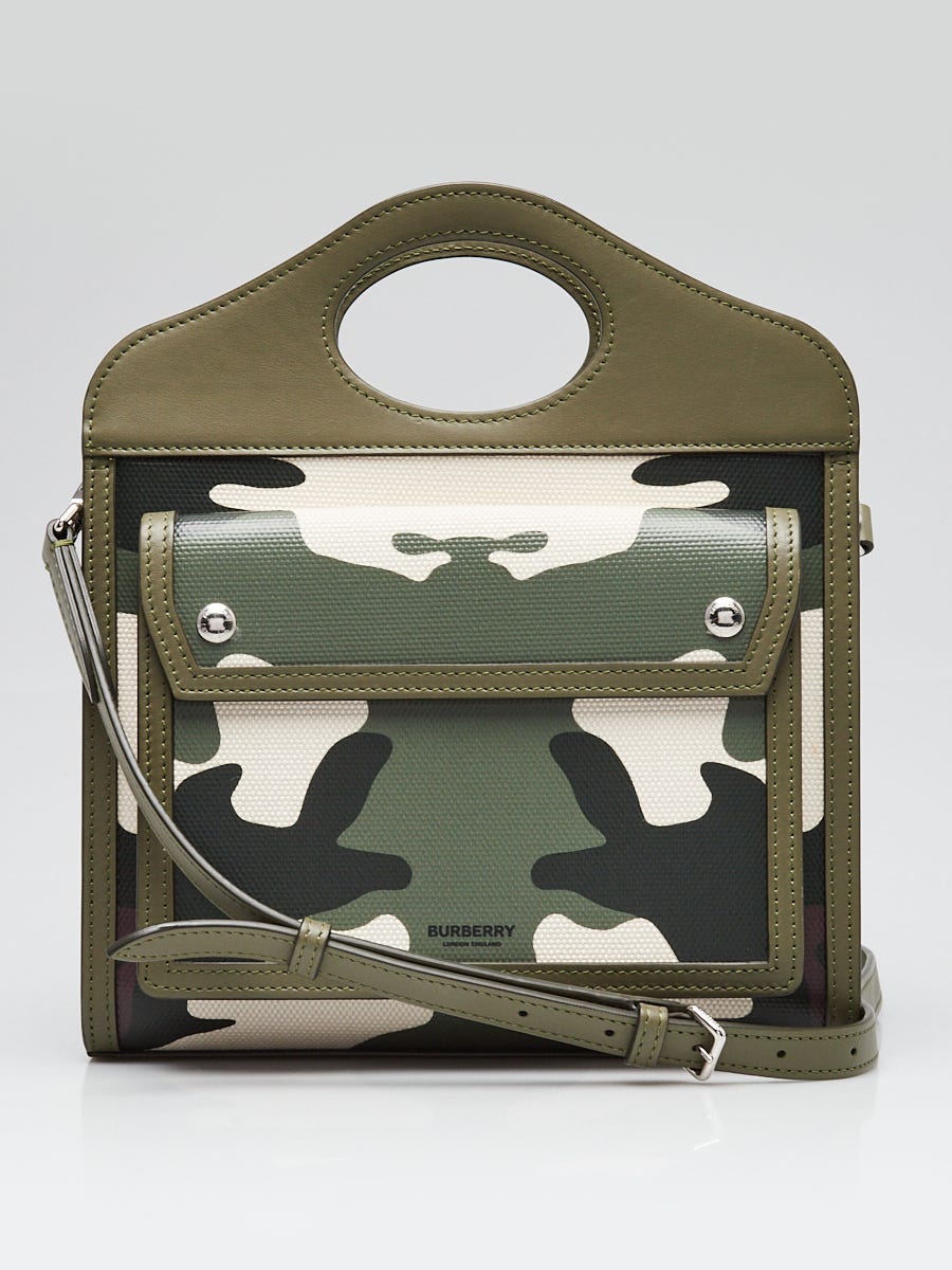 Burberry Green/White/Black Leather/Coated Canvas Camo Topstitch Pocket Mini Tote Bag