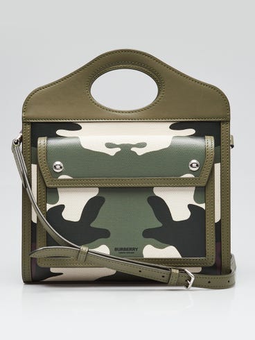 Burberry Green/White/Black Leather/Coated Canvas Camo Topstitch Pocket Mini Tote Bag