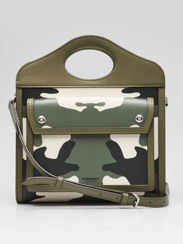 Burberry Green/White/Black Leather/Coated Canvas Camo Topstitch Pocket Mini Tote Bag
