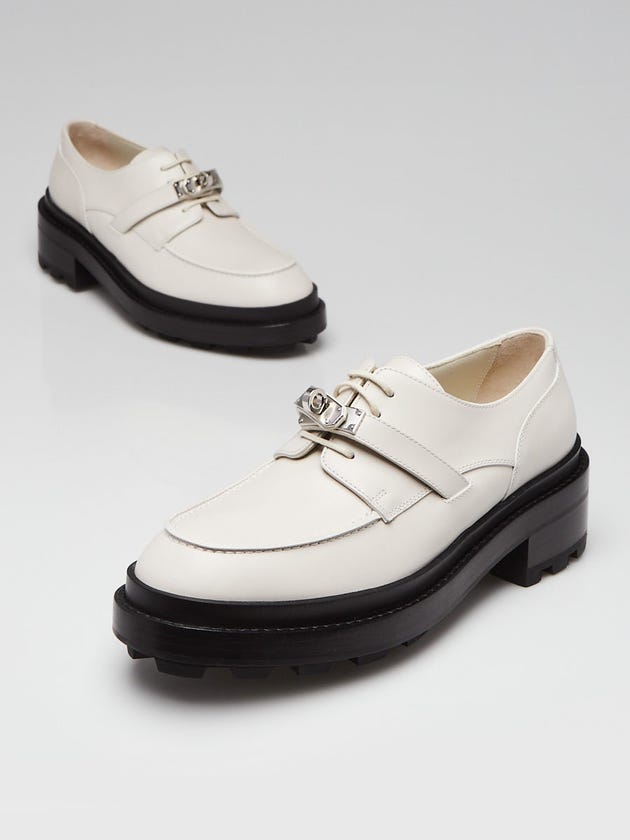 Hermes Blanc de Paris Calfskin Leather Platform First Derby Shoes Size 7.5/38