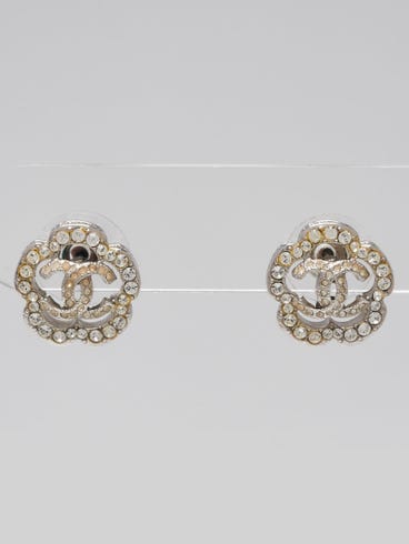Chanel Silver Metal Crystal Camellia Flower Stud Earrings