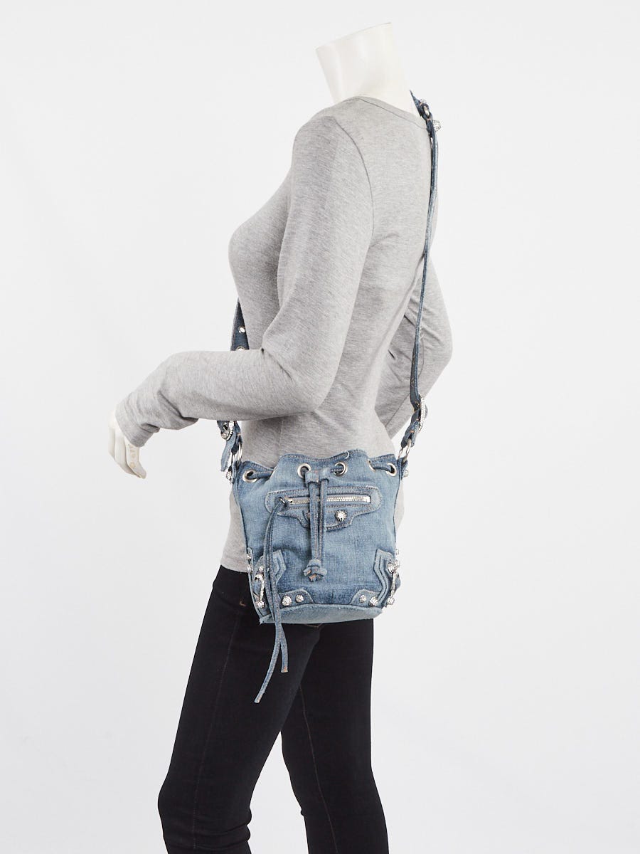 Balenciaga Blue Distressed Denim Crystal Le Cagole XS Bucket