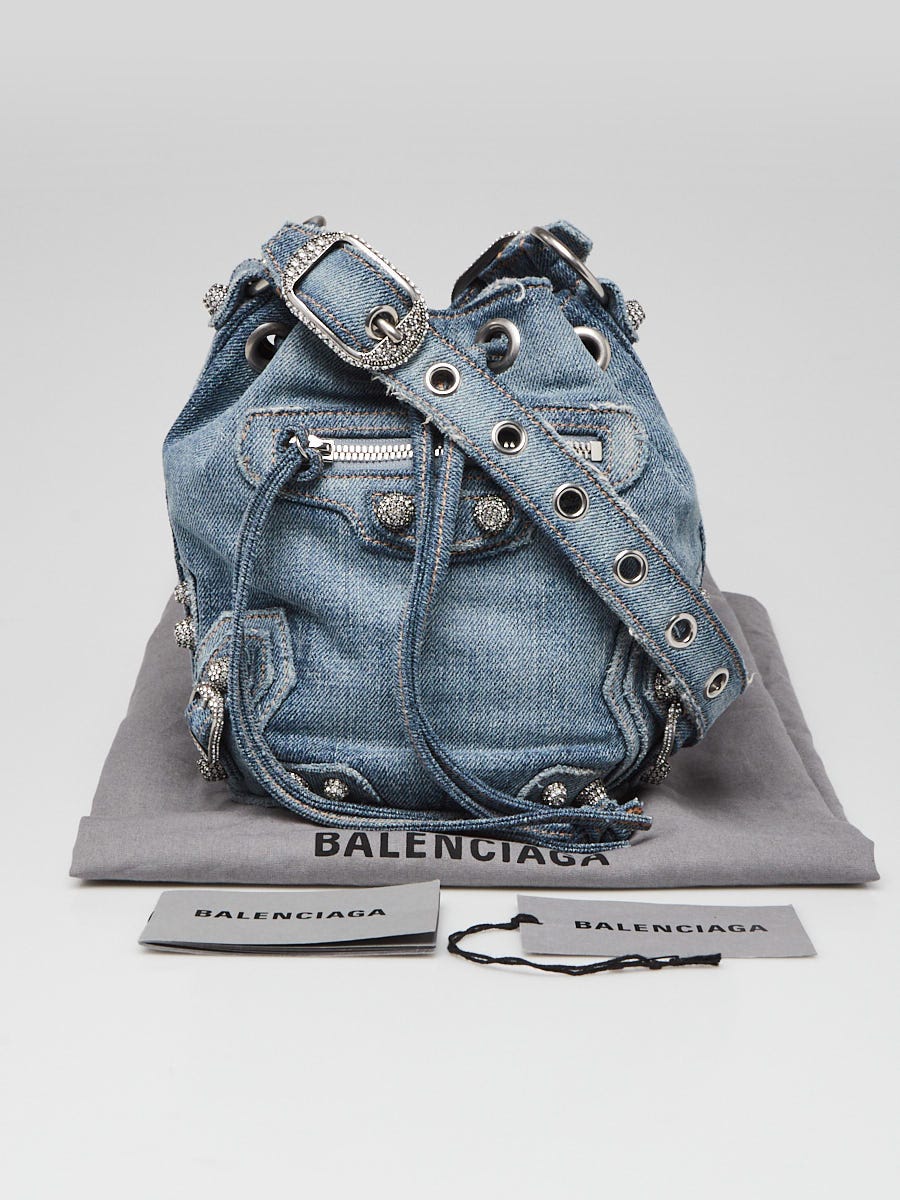 Balenciaga Blue Distressed Denim Crystal Le Cagole XS Bucket