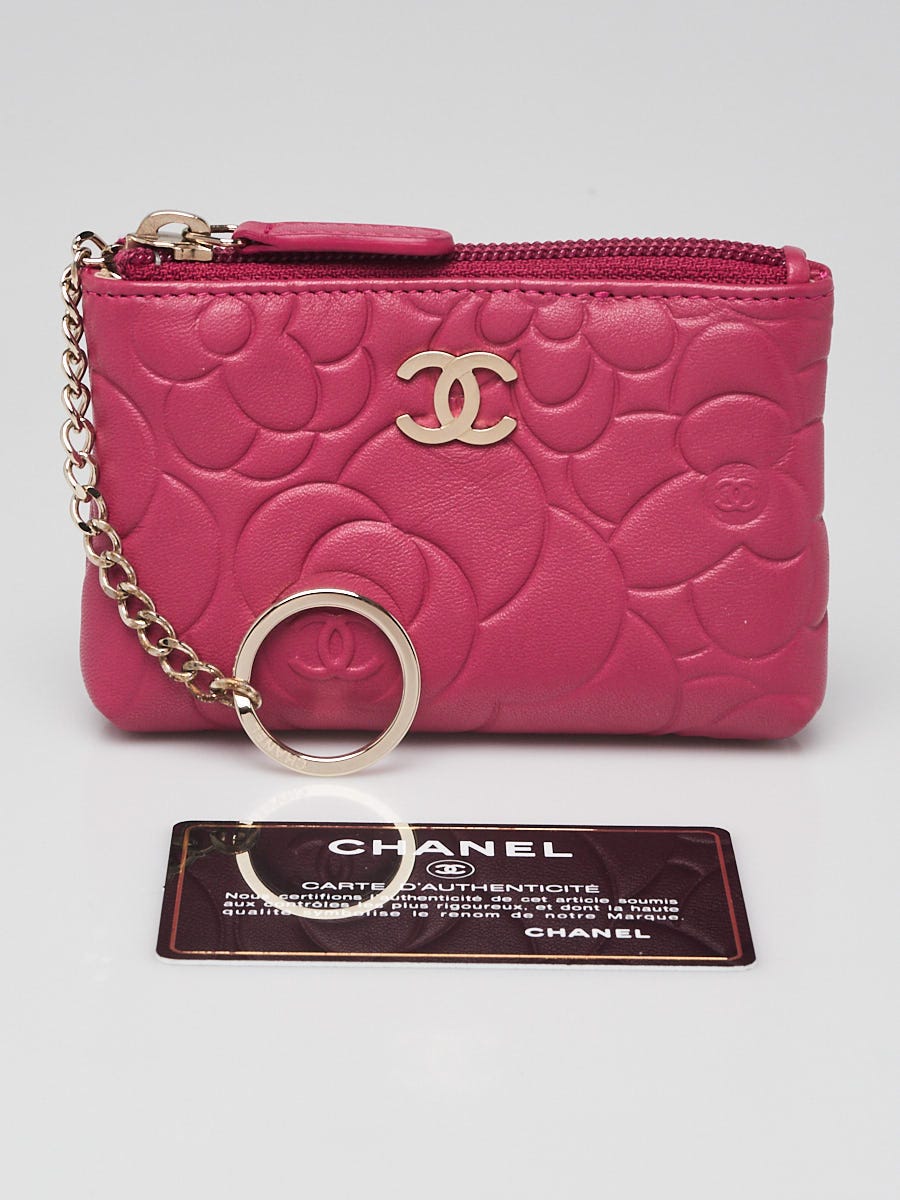 Chanel Fuchsia Camellia Embossed Lambskin Leather CC O-Key Holder