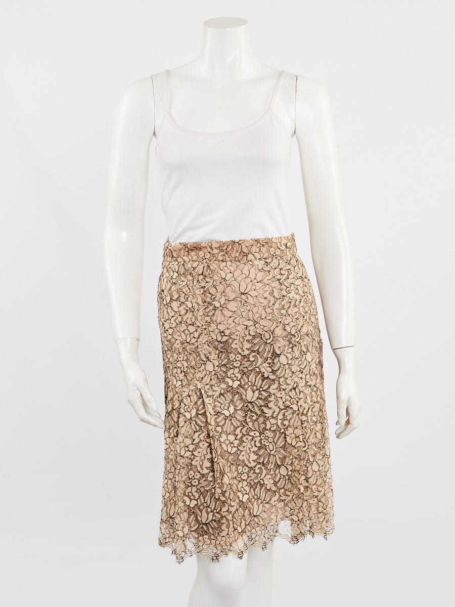 Chanel Black/Beige Cotton Blend Lace Pleated Skirt Size 2/36