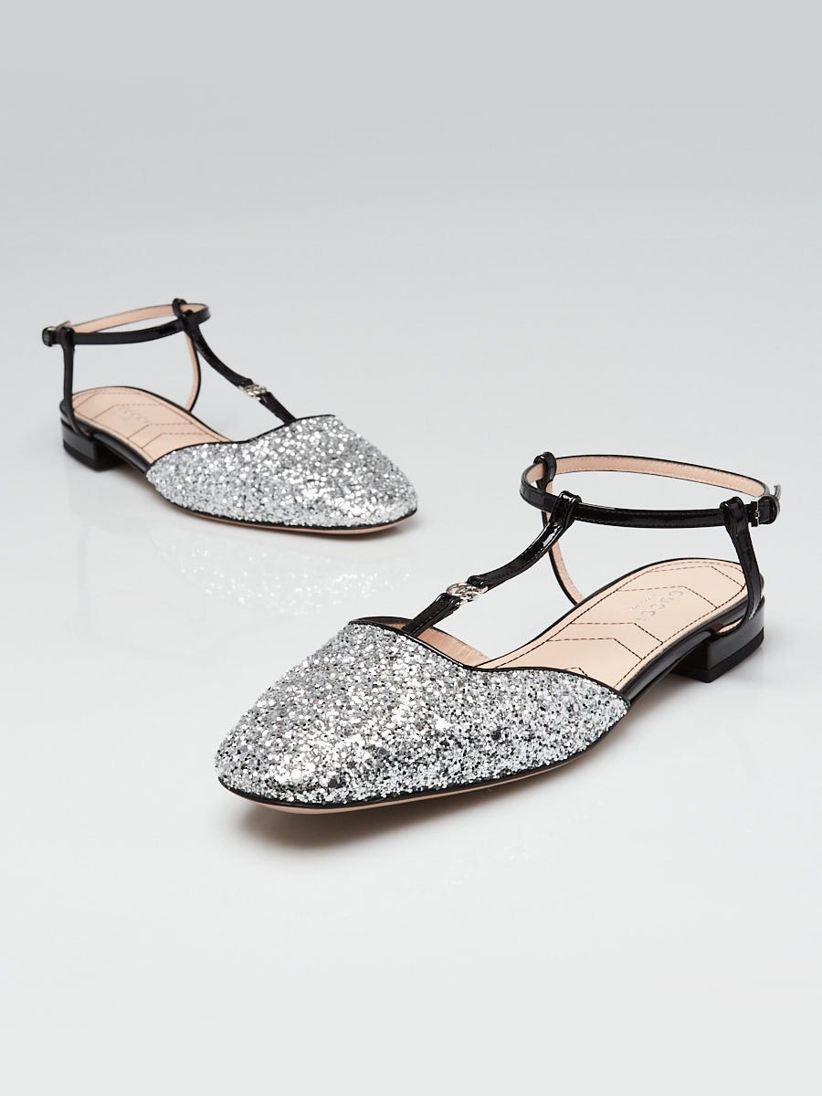 Gucci Silver Glitter/Patent Leather Double G Slingback Flats Size 6.5/37