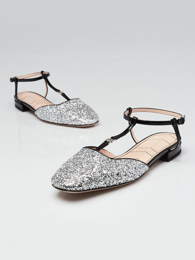 Gucci Silver Glitter/Patent Leather Double G Slingback Flats Size 6.5/37