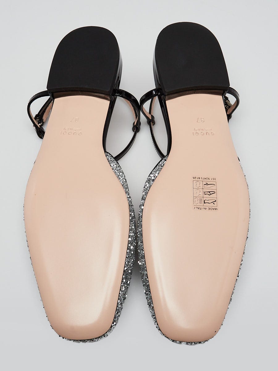 Gucci Silver Glitter/Patent Leather Double G Slingback Flats Size 6.5/37